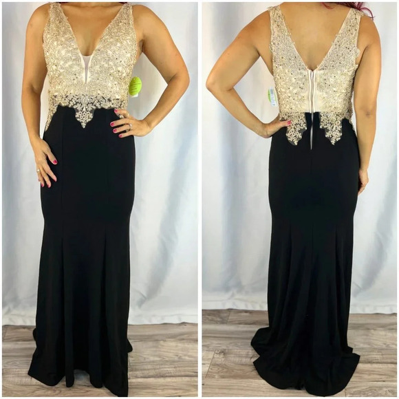 NWT Windsor Black Gold Lace V-NeckFormal Gown $135 - Picture 1 of 14